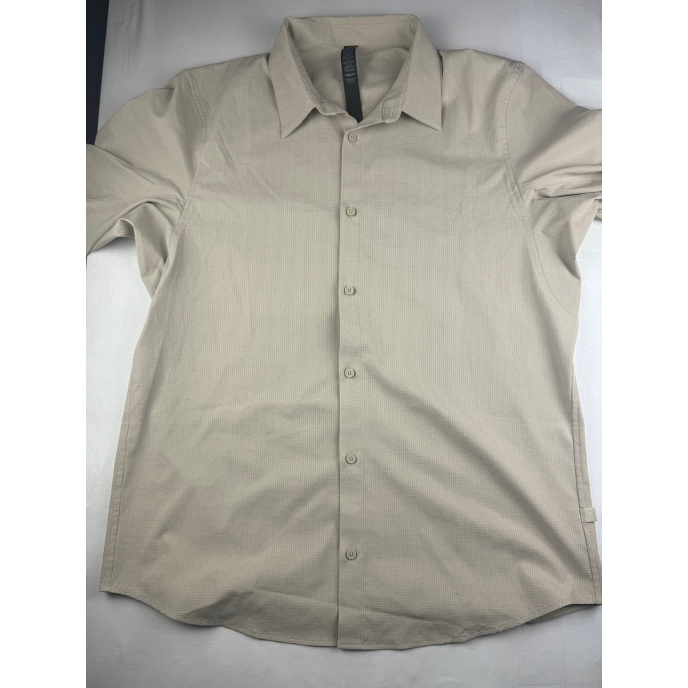 Lululemon Commission Shirt XL Tan Beige Grid Short Sleeve Button Down LM3DK7S